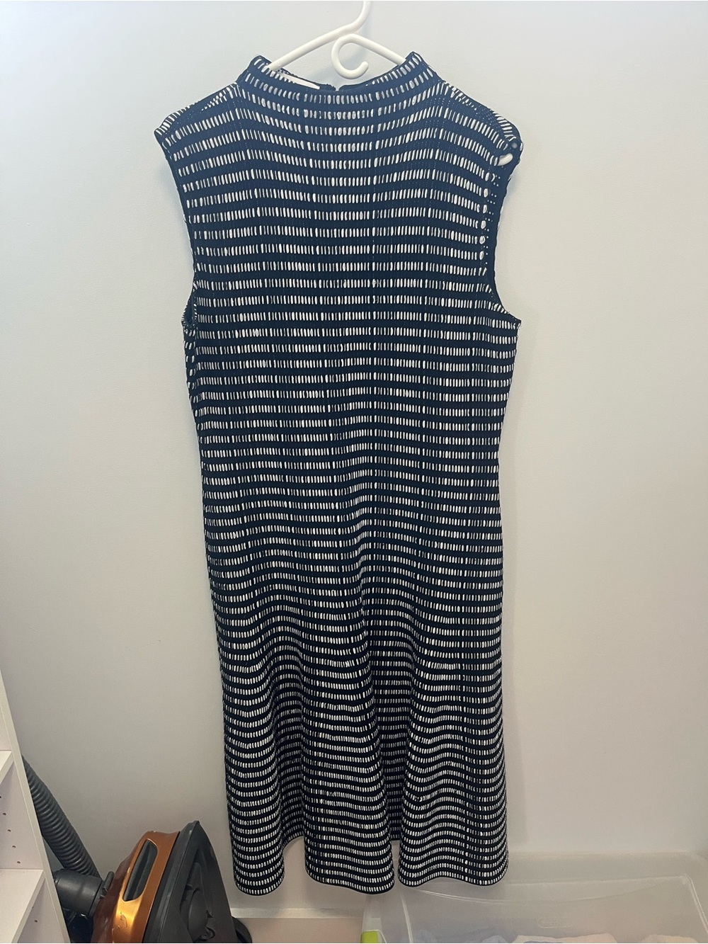 St. John Black & White Sleeveless Mock-Neck Midi Dress